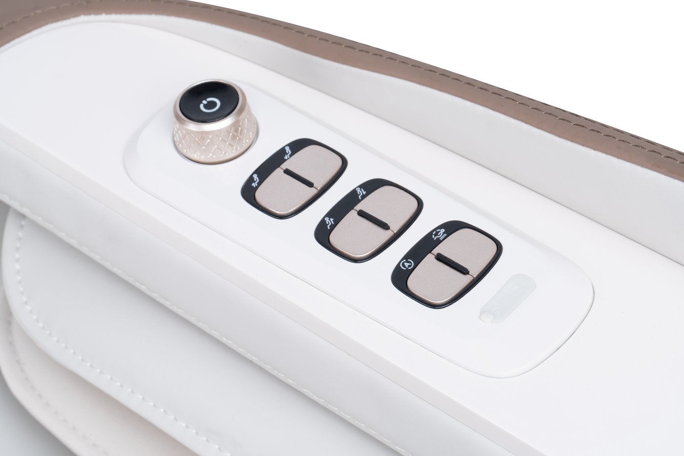 Close-up of the 3D Shiatsu armrest quick buttons and rotary knob